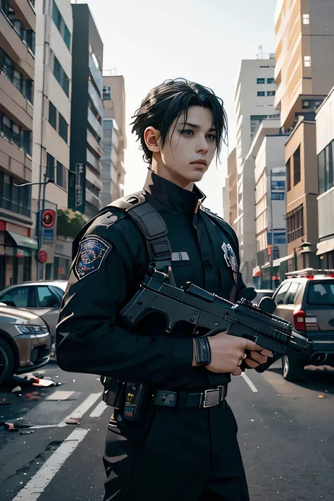 Create a hyper-realistic image of a character inspired by Sasuke Uchiha, but with a contemporary and realistic look, similar to Asian idol Felix from Stray Kids. The character must be in an intense action scene, dressed in a full SWAT uniform. The uniform ...
