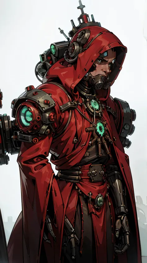 frontal view of an adeptus mechanicus robotic techno-priest, multiple arms, washed up red flowing modest ornate hooded techno-priest robes (made from black circuit board), face-covered, techno-mask, mechanical tentacle arm, mechanical green eyes, half skul...