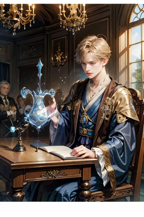 (masterpiece), best quality, expressive eyes, 18th century european men，magic師，wizard, blue robe , light brown hair，(light hair)...