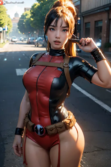 (((3d,cgi))) “cartoon art-style” realistic portrait of a sexy and busty female superhero character in the style of deadpool, i h...