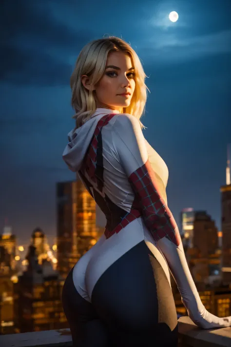 Back viewer, nice butt . Photorealistic portrait of a 18 yo girl, wearing a Spider-Gwen suit, hot Body, short blunt hair, blonde, beautiful face, ((over the building, in sexy pose)), rain, roof, masterpiece, intricate detail, perfect anatomy. Realistic, hi...