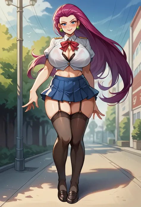 High Definition, 8k, detailed face, big ass, grabbing his ass, standing, Jessie from Pokémon, deep blue eyes, ((uniform school lingerie,  stockings and mini skirt)), in the public street, (big breasts)), thin and thin, Body of equal proportions, front view...