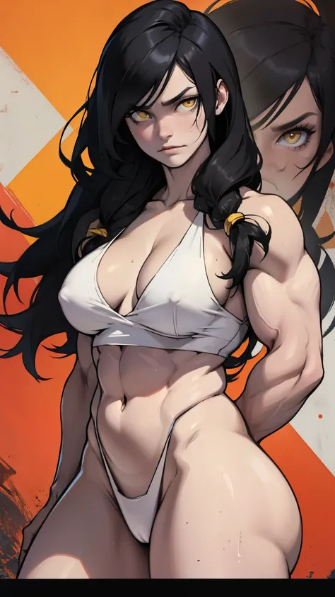 black hair yellow eyes pale skin long hair muscles breasts sad girl