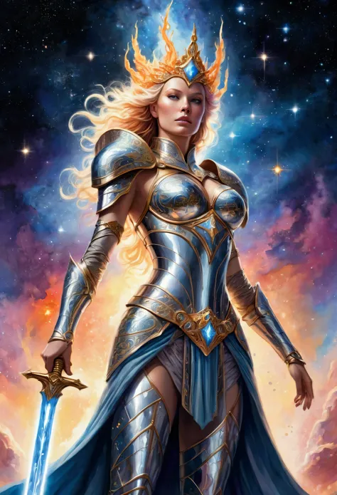 an incredibly majestic giantess adorned in shining metallic armor, a galactic queen, rising amidst a fantastical backdrop of swi...