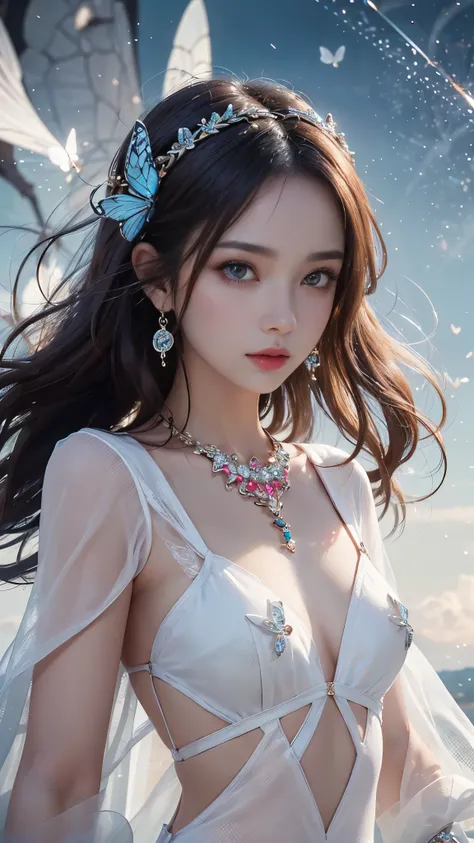 8k, masterpiece, 1 girl, beautiful face, very long hair, light makeup, detailed eyes, detailed lips, small breasts, butterfly clothing, white clothing, (wearing jewellery:1.8), (white mesh:1.4), ((light falling:1.4)),