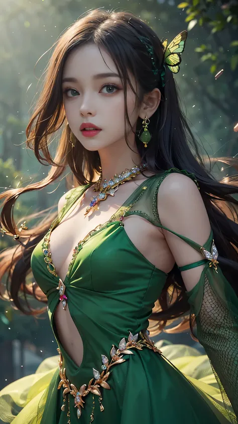 8k, masterpiece, 1 girl, beautiful face, very long hair, light makeup, detailed eyes, detailed lips, small breasts, butterfly dress, green dress, (wearing jewellery:1.8), (green mesh:1.4), ((light falling:1.4)), beautiful pose for photo,