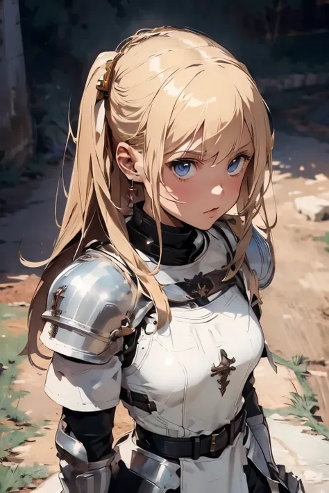 ((ultra-detailed)), (beautiful detailed eyes), (1girl), full body, knight, armour, light hair, expressive eyes, perfect face, gi...