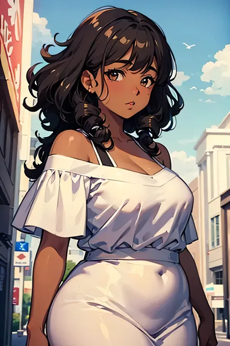 Anime illustration semi-realism of brown skin plus size woman, small breasts, small chest, small boobs, big body, plus size body, chubby body, overweight, fat, round face, brown complexion, dark skin, black round eyes, black curly hair, curly hair, wavy ha...