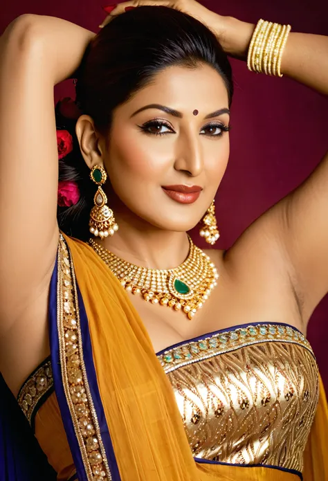 Looks like Sonali Bendre, Extremely Gorgeous, curvy, a close up of a woman in a sari holding a flower, traditional beauty, wearing elegant jewellery, wearing gold jewellery, photo of a hand jewellery model, Full figured woman, Full figured Indian aunty, se...