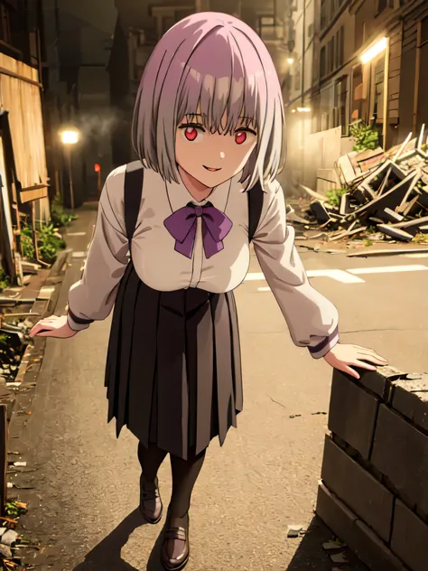 male, short hair, Red eyes, Large Breasts, Purple bow tie, Collared shirt, White shirt, Purple Jacket, Partially defrosted, Long sleeve, Sleeves are longer than the wrist, Pleated skirt, Black Skirt,Black Pantyhose,  Waist clothes, night, dark, , Shine, Ba...