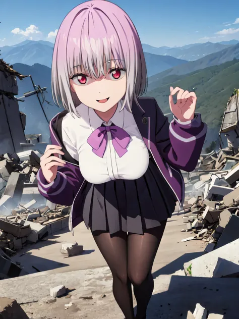 male, short hair, Red eyes, Large Breasts, Purple bow tie, Collared shirt, White shirt, Purple Jacket, Partially defrosted, Long sleeve, Sleeves are longer than the wrist, Pleated skirt, Black Skirt, pantyhose,  Waist clothes, night, dark, , Shine, Backlig...