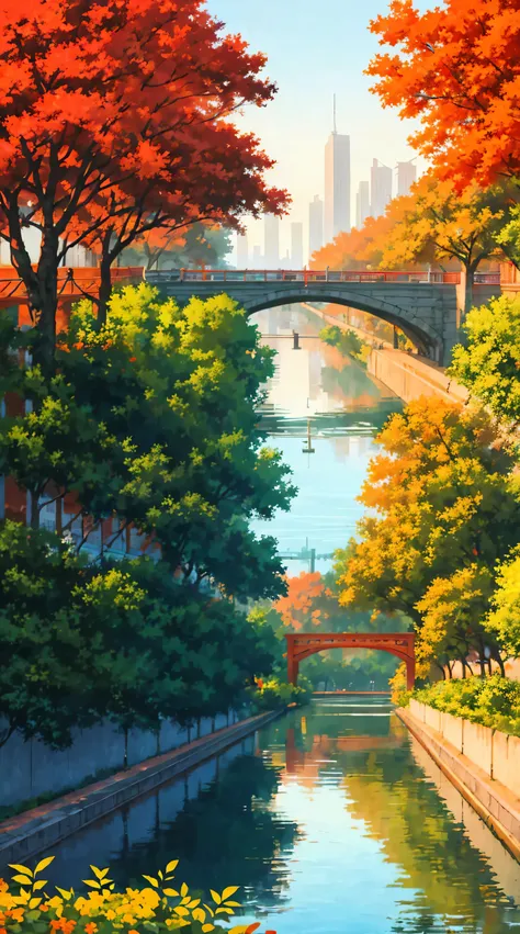 masterpiece,stunning realistic,best quality,sharpness,beatiful anime city,oldschool city,many red trees,many flowers,water,