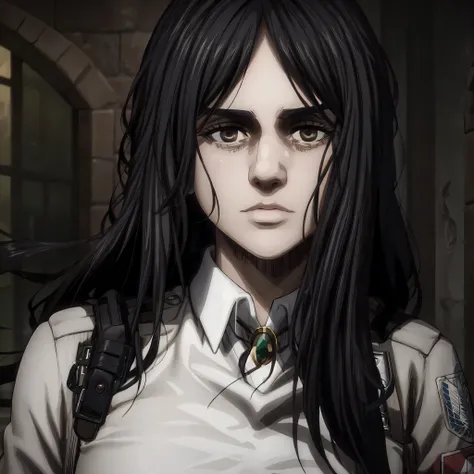 women,black hair thick eyebrows,black eyes,brown skin,Long hair,attack on titan anime,High resolution, masterpiece, necessary, anatomically correct, Awarded many times, The best quality, Damaged, detail, HD Model, details altos, high quality, quality, reti...