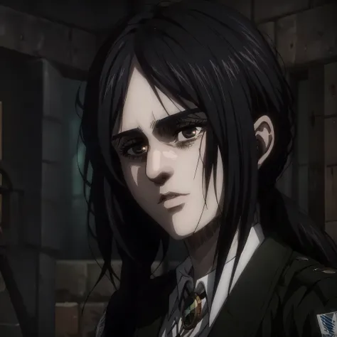 women,black hair thick eyebrows,black eyes,brown skin,Long hair,attack on titan anime,High resolution, masterpiece, necessary, anatomically correct, Awarded many times, The best quality, Damaged, detail, HD Model, details altos, high quality, quality, reti...