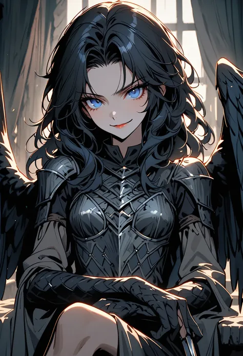 solo, female, close up, long black hair, flowing wavy hair, blue eyes, black clawed hands, black scales on forearms, harpy girl, lithe, large black wings, feathered wings, athletic, smirk, small breasts, warm, curtains, medieval inn, short girl, light leat...