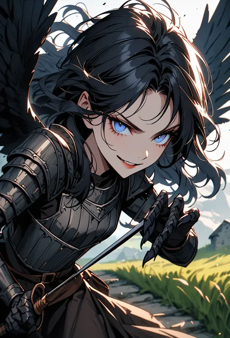 solo, female, close up, long black hair, flowing wavy hair, blue eyes, black clawed hands, black scales on forearms, harpy girl, lithe, large black wings, feathered wings, athletic, smirk, small breasts, medieval, short girl, light leather armor, medium br...