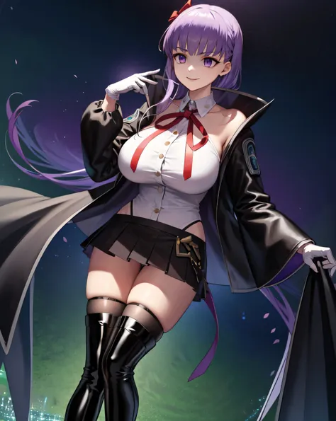  Isoscale, Mid Shot,  night, ,,, Purple Hair, Black jacket, White shirt, Black Skirt, Red ribbon, Big Breasts, Purple eyes, White gloves, Long Hair, Large collar, Wicked Smile,,shiny thigh high boots,(Wicked Smile:1.3),Highly detailed CG Unity 8k wallpaper...