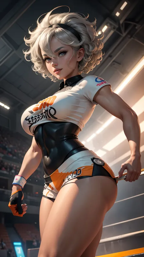 Bea da pokemon,(best qualityer,4K,8k,high resolution,work of art:1.2)(weather: windy), sport stadium background, short curly hair, gray hair, cropped shirt, micro shorts, thigh high stockings, headband, gloves, leotard, ultra detailed,realistic,beautiful d...