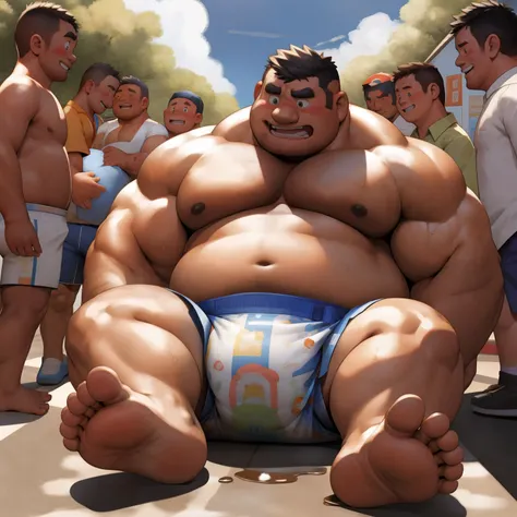 masterpiece, Top quality, in 32K, perfect anatomy, hyper detailed, super fine illustration, The thick man is a brutal retarded prisoner, hairy human, 50yo in Japan, (fatness: 1.0), Fatty muscle, Bowleg, disappointment, incontinent, shy, sissy, Weaker than ...