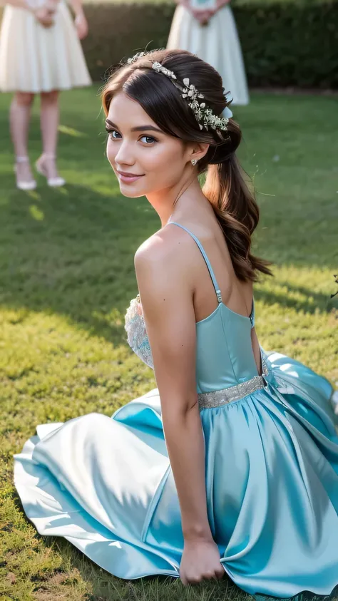 Realistic photo of the upper body of a brunette flower girl aged 23 with ponytail hair, smile. She dances in front of the camera in a long A-line dress with straps made of shiny, light blue satin..., Park,Glamour photoshoot under the skirt, Wedding celebra...