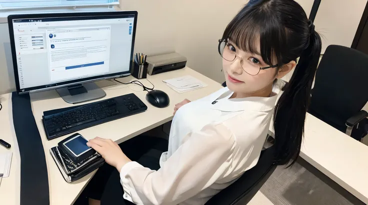 a Japanese woman is working in  her office, she wear white ribbon blouse, black tight skirt, sitting on an office chair, typing keyboard, watching screen. She has long black hair, pony tail and wearing glasses.