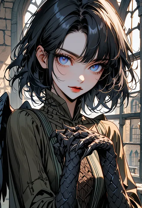 solo, female, close up, short black hair, sleek hair, large black wings, feathered wings, small breasts, black clawed hands, black scales on forearms, lithe, adult, librarian, medieval, fantasy, day, window, stoic but friendly, blue eyes, raven harpy girl