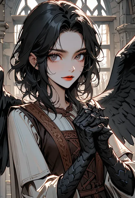 solo, female, close up, short black hair, large black wings, feathered wings, small breasts, black clawed hands, black scales on forearms, lithe, adult, librarian, medieval, fantasy, day, window, stoic but friendly