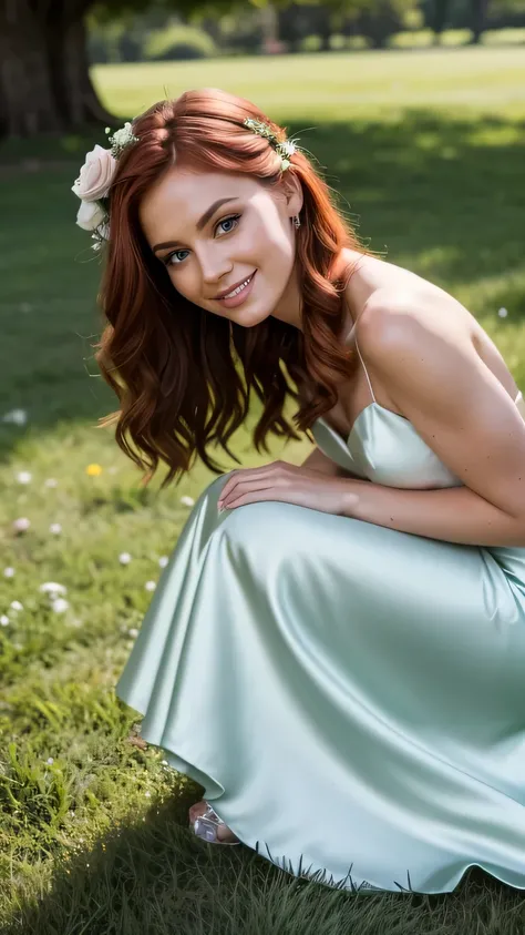 Realistic photo of the upper body of a red hair flower girl aged 23 with ponytail hair, smile. She dances in front of the camera in a long A-line dress with straps made of shiny, dark green satin..., Park,Glamour photoshoot under the skirt, Wedding celebra...