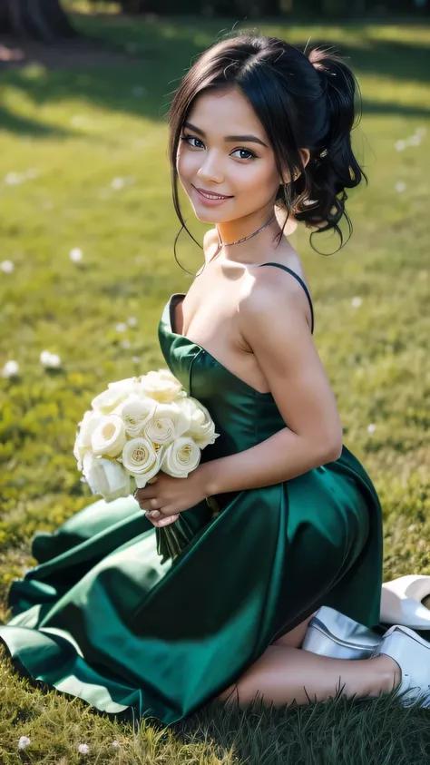 Realistic photo of the upper body of a black hair flower girl aged 23 with ponytail hair, smile. She dances in front of the camera in a long A-line dress with straps made of shiny, dark green satin..., Park,Glamour photoshoot under the skirt, Wedding celeb...