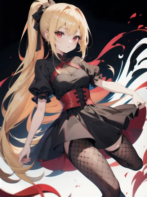 one girl、blonde、red eyes、ponytail、long hair、black dress、fishnet tights、white background