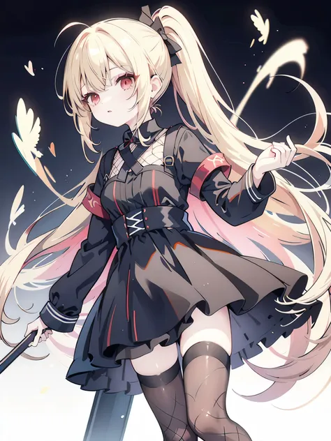 one girl、blonde、red eyes、ponytail、long hair、black dress、fishnet tights、white background