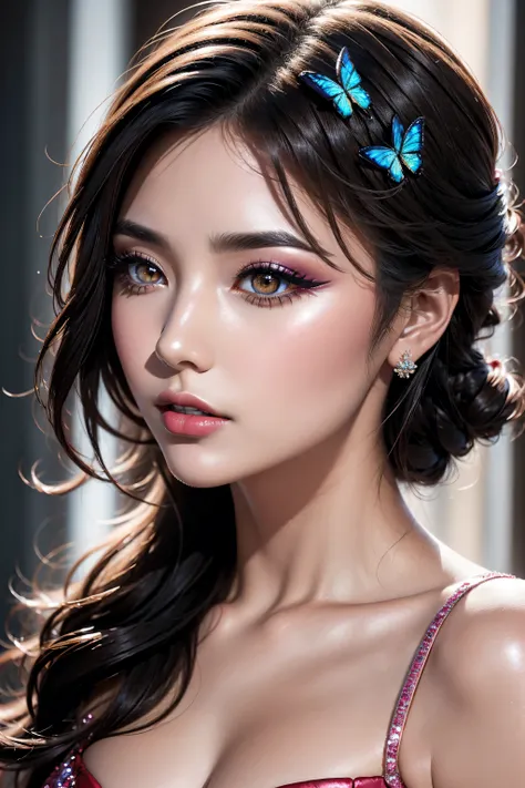 Realistic (photorealistic Realism), (high resolution), ((intricately detailed digital art)). (ultra realistic texture details: velvety skin, hair.), (ultra quality), professional photography, (glamour shot of Japanese woman:1.3), (intricately detailed real...