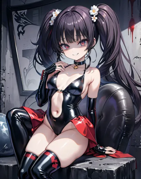 ((Highest quality)), (masterpiece)), (detailed: 1.4), Disorganized solutions、High resolution、(masterpiece:1.4)、Super detailed、Beautiful girl、Highest quality、masterpiece、Very detailed、(1 person):1.4、(Black latex swimsuit)、、Twin tails、Short Twin tails、choker...