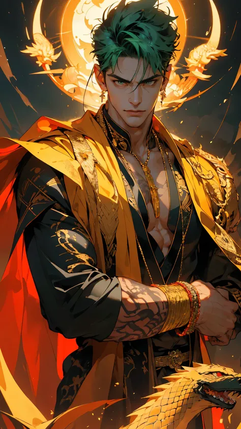 {(best quality, 8k, masterpiece, HDR, soft lighting, perfect image, digital illustration, manhwa art, hyper detailed image, perfect lines, realistic)} 1 very handsome man, tan skin, mature, broad shoulders, muscled, square jaw, short spiky green hair, brig...