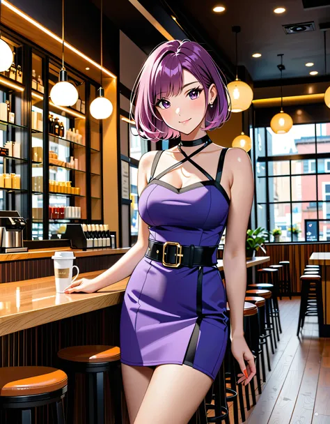 Full body photograph of a cute and attractive woman with purple bob hair and hazel eyes in a trendy cafe with many windows ::3 Trendy, modern form - fitting clothing that accentuates her perfect body ::2 Photograph captured using a Canon 6D Mark II with an...