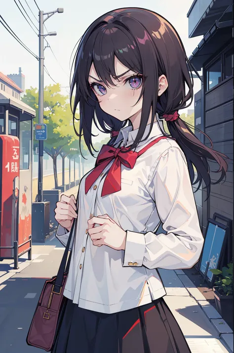 (best quality:1.2), (highest quality:1.2), (perfection:1.1), (flawless:1.1), urban street, 1girl, (disgusted look:1.1), angry look, disgusted mouth, (loli:1.1), blouse, skirt, (amazing hair:1.1), small breasts, (best quality eyes:1.1), highly detailed, 8k,...