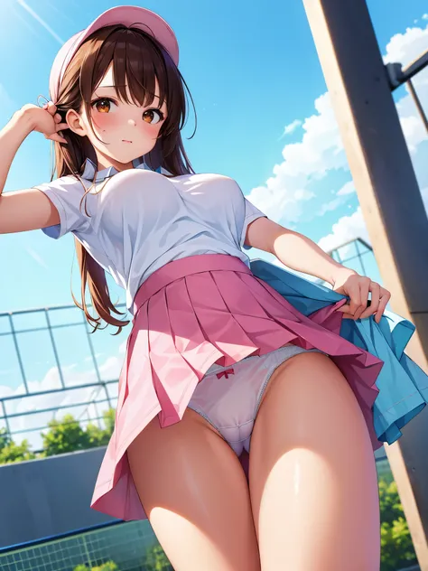 (masterpiece:1.2), (best quality:1.2), (ultra highres:1.2), (8k:1.1),(1 girl),,cute,standing,(both hands on skirt:1.3),white lightblue tennis uniform,(showing pink race panties),(lifted by self ),dark hair, straight hair,medium breasts,from below,glistenin...