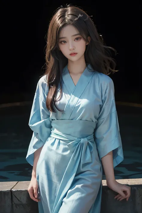 ((Best quality, 32K, Masterpiece :1.3)), Sharp focus:1.2 ， Photorealsitic，(Cinematic lighting)，Facial detail texture. Eye details, Double eyelids, Slender body,Super small breasts, , photo-realistic:1.37，Perfect eyes, ((1 girl in a pale blue yukata))，（whit...