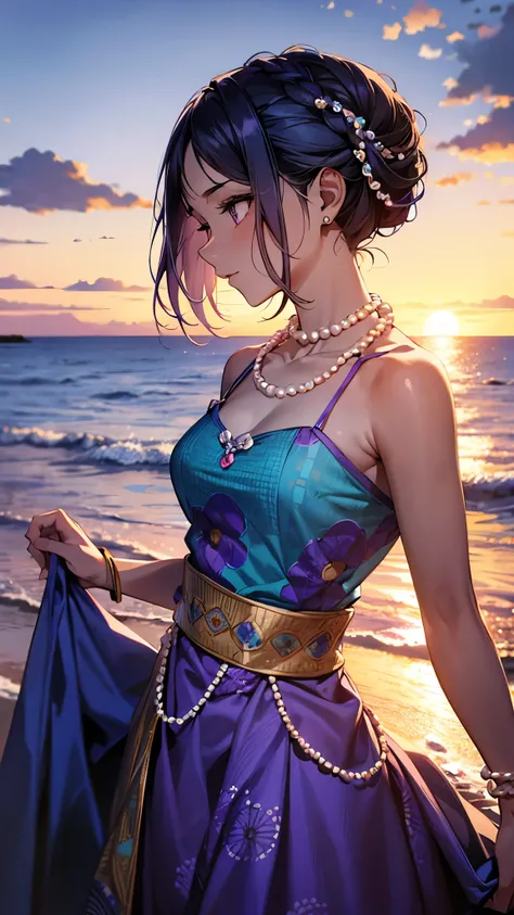 Blue and purple dress with African fabric pattern, teenage female, alone, hair in updo, pearl bracelet, turquoise necklace, ocean in background, sunset,