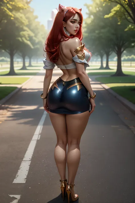 a one woman, long straight red hair, of the whole glass, rear view, perfectbody, curvy body, muslos grandes, (k/da ahri outfit l...