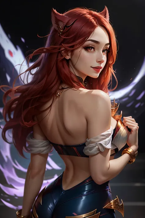 (work of art, best qualityer:1.2), details Intricate, kda ahri cosplay, 1 girl, neckleace, fully body, rear view, strapless, drlight smile, Nessa, long red hair, aretes, make up, 