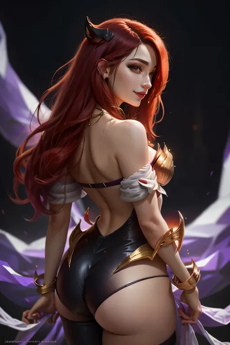 (work of art, best qualityer:1.2), details Intricate, kda ahri cosplay, 1 girl, Overview, neckleace, fully body, rear view, strapless, drlight smile, Nessa, long red hair, aretes, make up, 