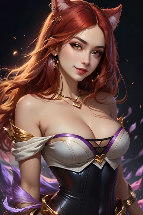 (work of art, best qualityer:1.2), details Intricate, kda ahri cosplay, 1 girl, Overview, neckleace, fully body, strapless, drlight smile, Nessa, long red hair, aretes, make up, 