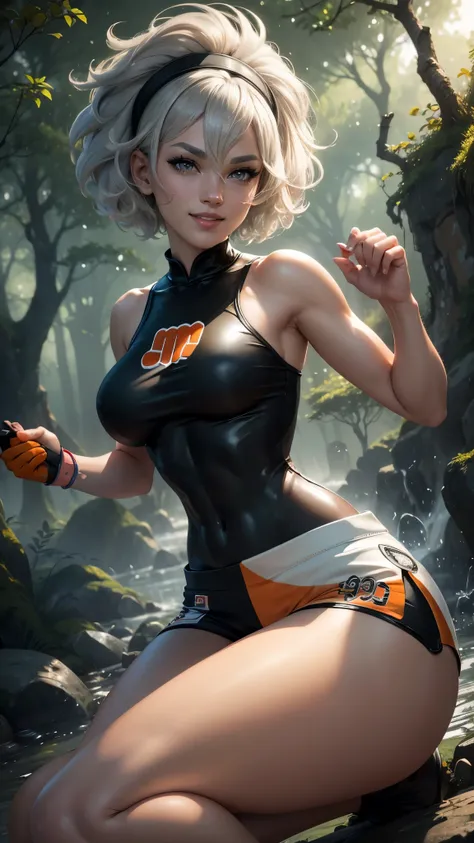 Bea da pokemon,(best qualityer,4K,8k,high resolution,work of art:1.2)(weather: windy), spirit forest background, short curly hair, gray hair, cropped shirt, micro shorts, thigh high stockings, headband, gloves, leotard, ultra detailed,realistic,beautiful d...