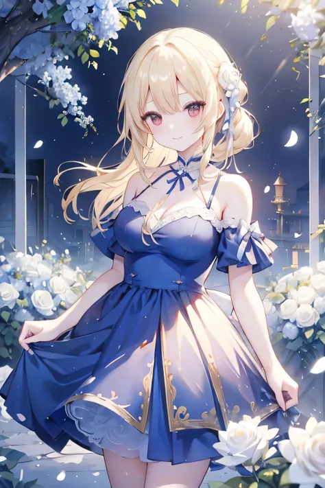 Blonde girl、Red eyes、ponytail、Blue Dress、Off the shoulder、Garden of white roses、smile 