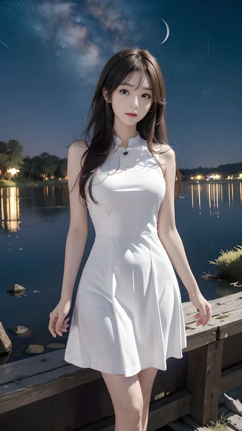 ulzzang-6500-v1.1, (RAW photo: 1.2), (Real photo), (Real photo: 1.4), 1 girl、Perfect anatomy、1、Looking at the camera、Medium length hair、sexy white dress, white skirt, beside a vast lake in the middle of a wild forest, ((under the night sky with stars: 1.1)...