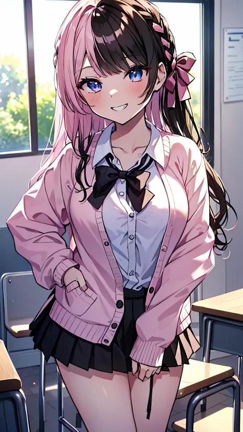 ((masterpiece、Highest quality、Very detailed))、One person、gyaru、(split-color hair　black hair + pink hair), HinanoBase, two-tone hair, long hair, french braid, hair bow、Light blue eyes、evil smile、((Grin))、Moderate breasts、((White collared shirt))、A bow tie、(...