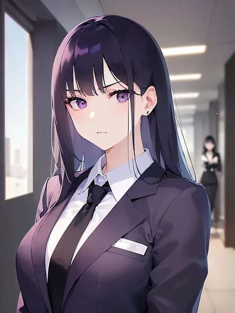 upper body, (pale skin: 1.2), shiny skin, shiny hair、(A 2 woman with straight hair and bangs) and (medium hair) and (black hair) and (purple eyes) , (business suit:1.5) and (white collared shirt) 、scowl, The background is the business district、Alone、Are st...