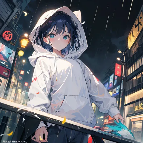 (((conflict)), in the rain、Anime Girls, She gets wet in the rain, City of night, Background traffic lights, White hoodie, A fragile and delicate girl, Conflicting facial expressions, Turning face, masterpiece , 最high quality, high quality,fisheye, from bel...