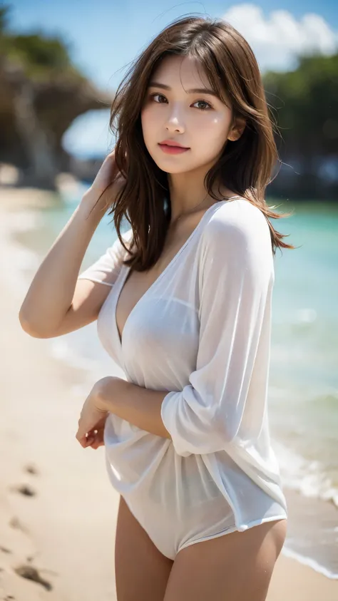 (Photorealistic, RAW photo, best quality), (Masterpiece, Ultra high resolution, Ultra realistic, Highly detailed, Superb realism), 

A cute young woman in a white shirt on a summer beach during daytime, (Detailed face, Realistic skin, Light brown eyes, Glo...